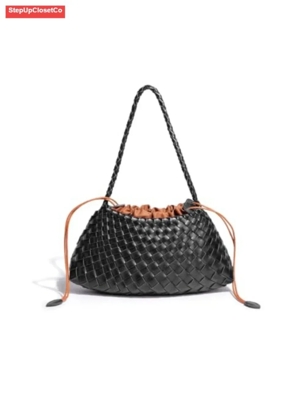 Woven Hobo Shoulder Bag Faux Leather Slouchy Tote Handbag Drawstring